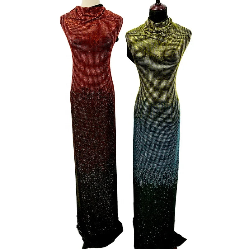 FB002 New Design Stretch Elastic Fabric Crystal Gradient Color Glass Rhinestone Fabric With Stones for Garment Dress