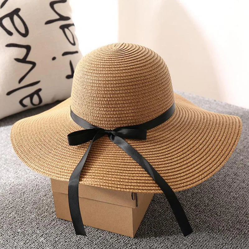 2025 New Arrival Summer Fashion Outdoor Beach Wide Brim Foldable Sunshade Bowknot Straw Hat for Female