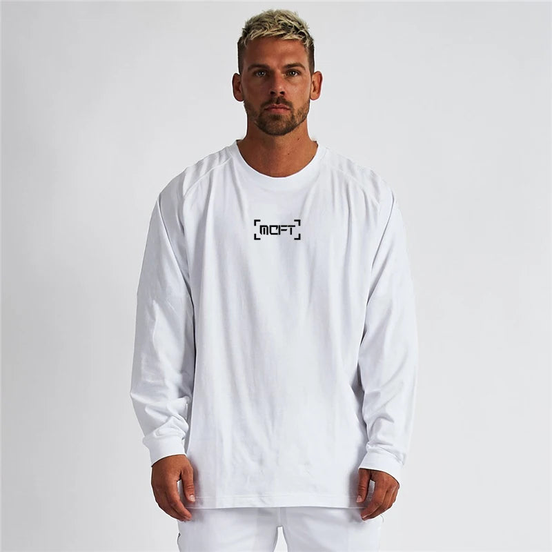 Cotton Combed Solid Color Customized Premium Athletic Fitness T-shirt Men Gym  Training Oversized Long Sleeves Shirts