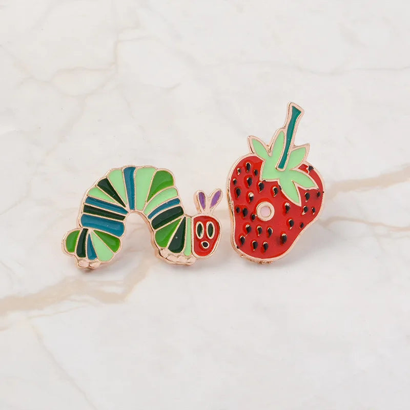 Caterpillar Strawberry Custom Cartoon Enamel Pins Fruit Brooches Animal Badge Lapel Pins Casting Technique Souvenir Use