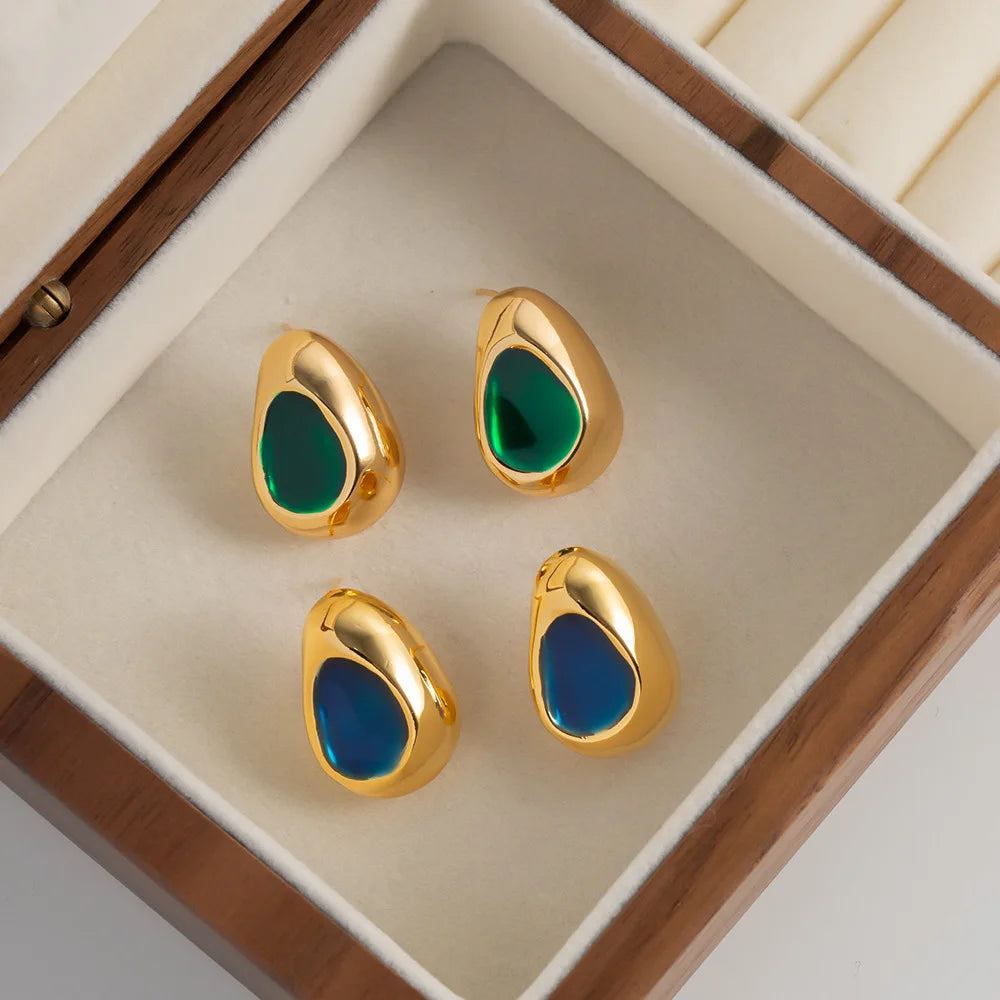 Geometric 18K Real Gold Plated Waterdrop Shape Brass Earrings Simple Blue Enamel Stud Earring