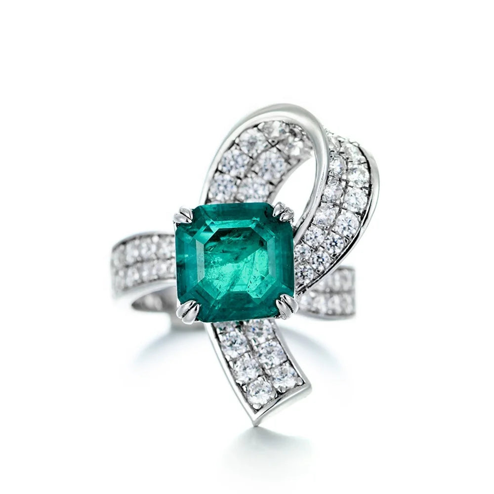 Classic 925 Silver Ribbon Jewelry Cultivated Emerald Ring