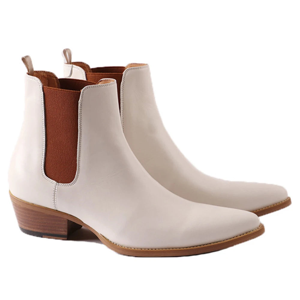 Hard-Wearing Cushioning Men's Top Leather Cow Genuine Leather Casual Chelsea Boots Slip Resistant White Cowboy Style Shoes