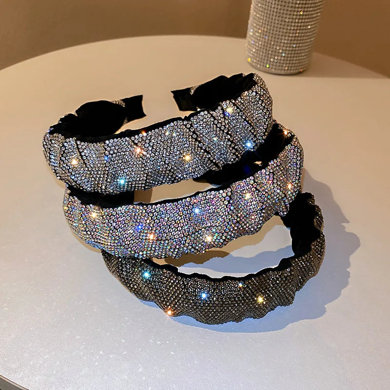 Fashion Colorful Baroque Retro Full Rhinestone Headband Pleated Bling Bling  Luxury Hair Accessories for Women
