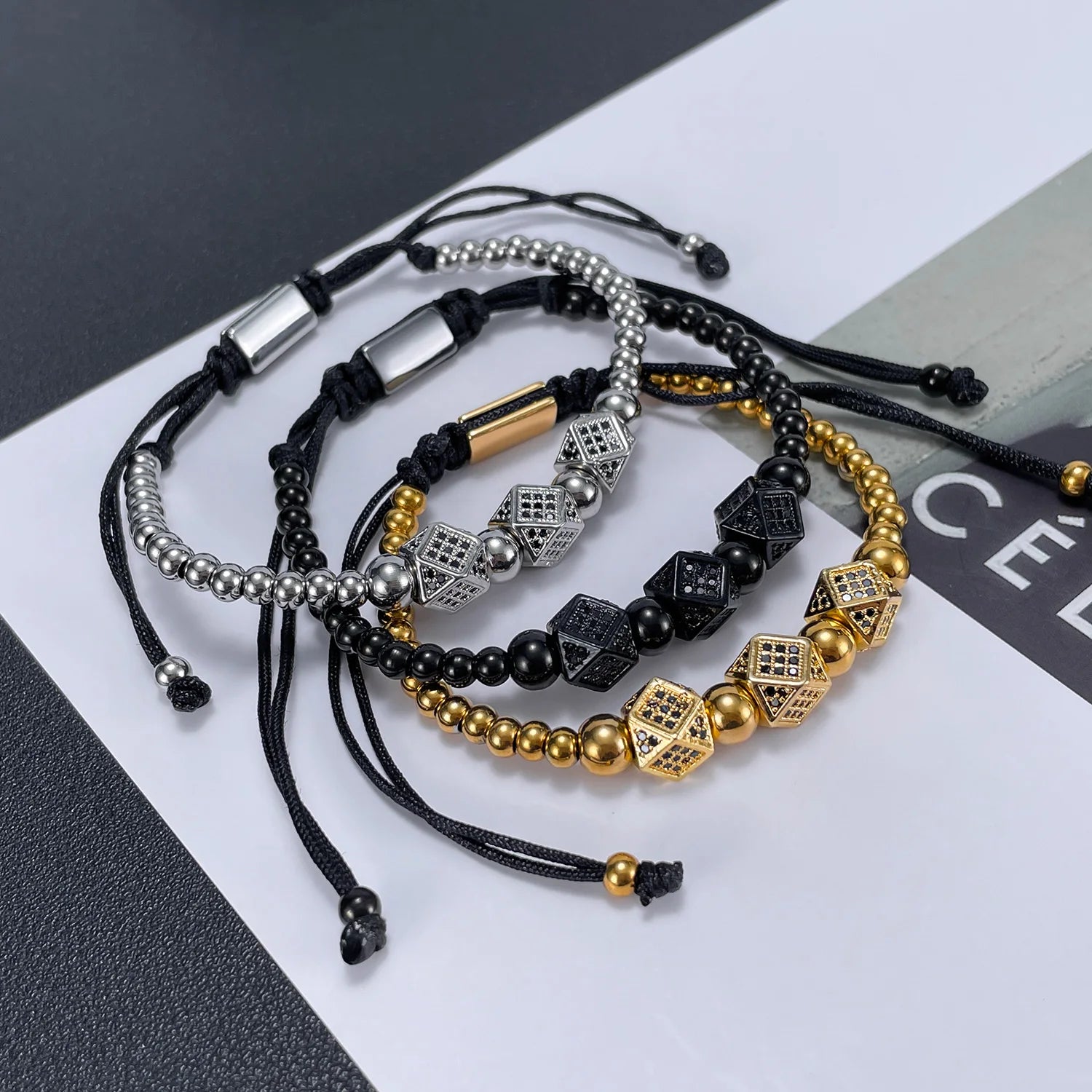 Adjustable Insert Colored Zircons Handwoven Adjustable Stainless Steel Beaded Bracelet Set Hip Hop Fashion Jewelry