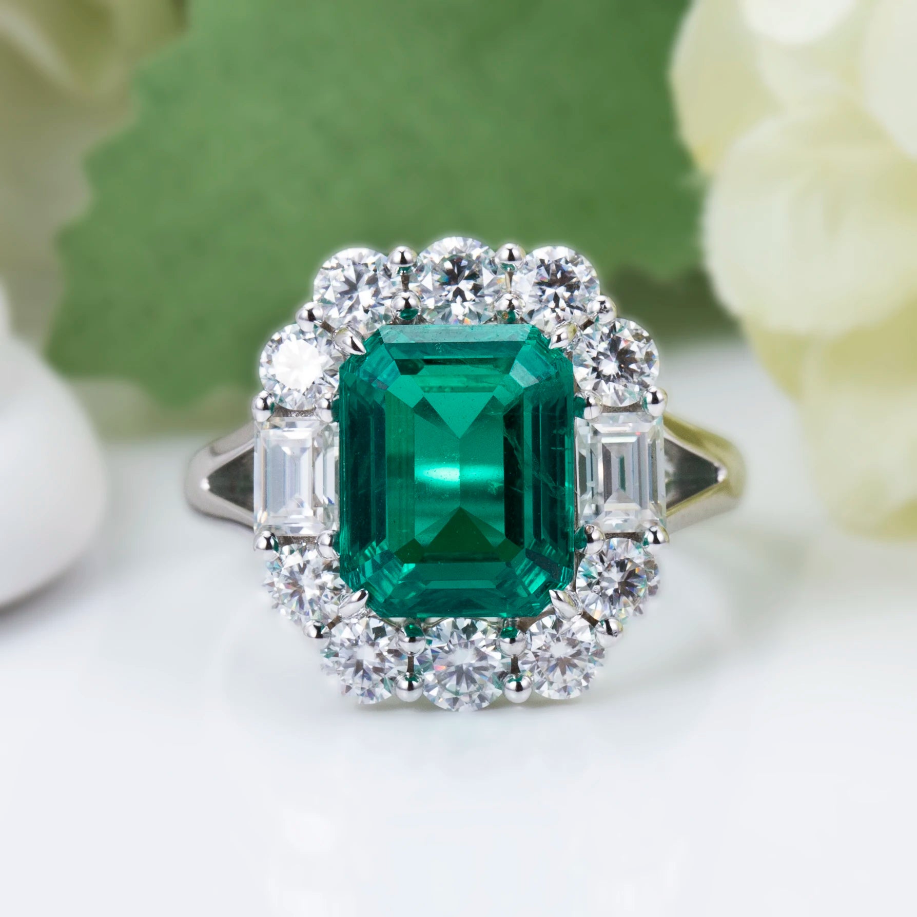 Messi Jewelry MSR-756 18k Gold halo Women Dainty Gold Jewelry 3ct Emerald Cut Lab Grown Emerald and Lab Diamond Ring