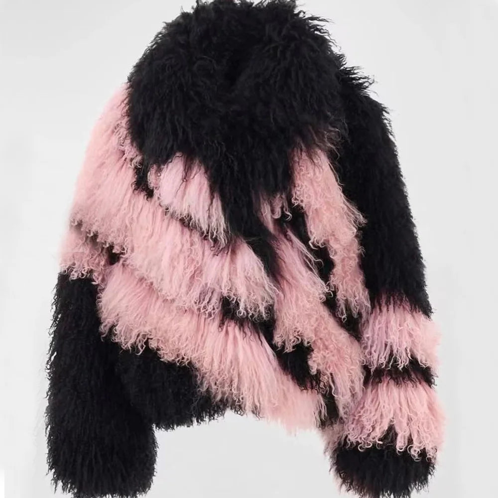 Mongolia Sheep Fur Jackets Women Natural Fur Coat Ladies Fur Cropped Jacket Outerwear