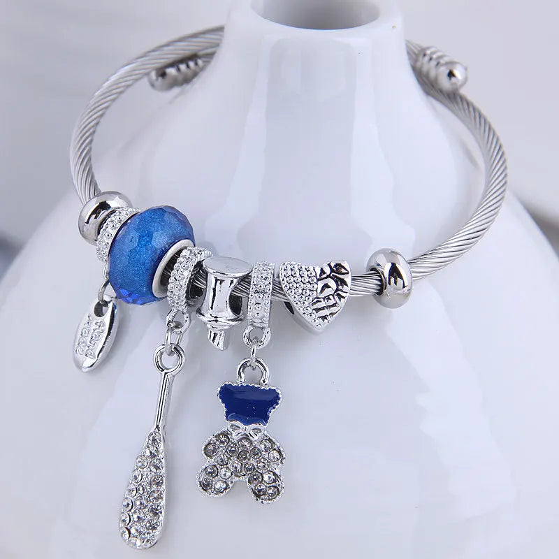 Hot Sale Diamond Lovely Bear Racket Pendant Charm Bracelet Accessories Crystal Bead Bracelet for Women Girls
