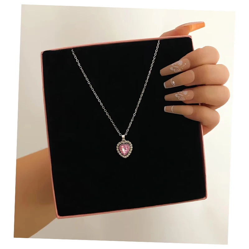 VKME Fashion Pink Heart Rhinestone Zircon Necklace for Women Gift