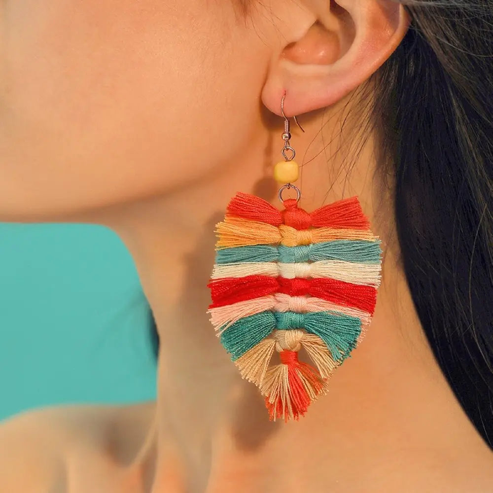 2022 Bohemian Ethnic Handmade Colored Green Fringe Yarn Tassel Hook Earrings Long Leaf Feather Cotton Tassel Earrings