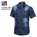 Summer Men Short Sleeve Denim Shirt - Breathable Cotton Cargo Shirt with Chest Pockets Casual Streetwear Blouse for Outdoor