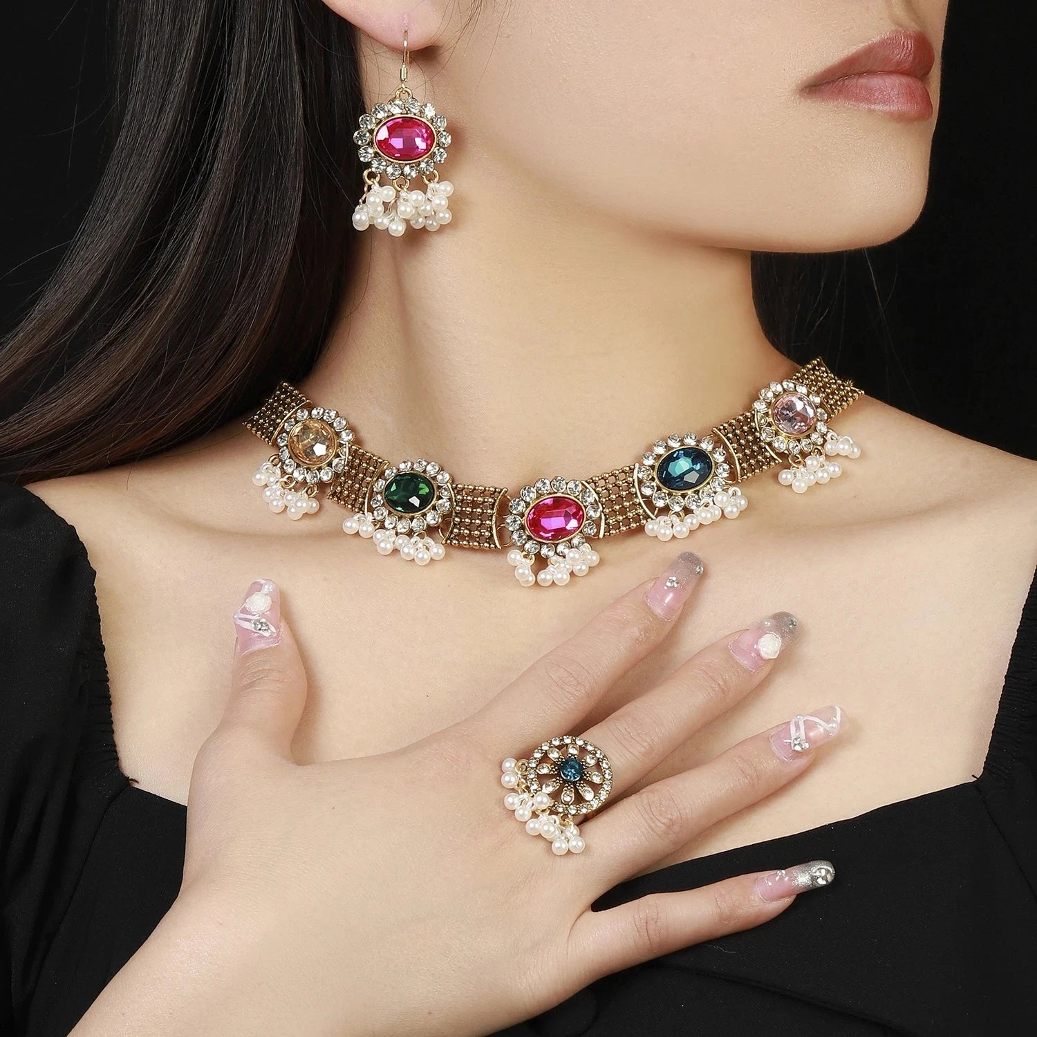 Exaggerated Square Inlaid Rhinestone Necklace for Women Fashion Luxury Clavicle Chain Earring Necklace Wedding Fringe Jewelry