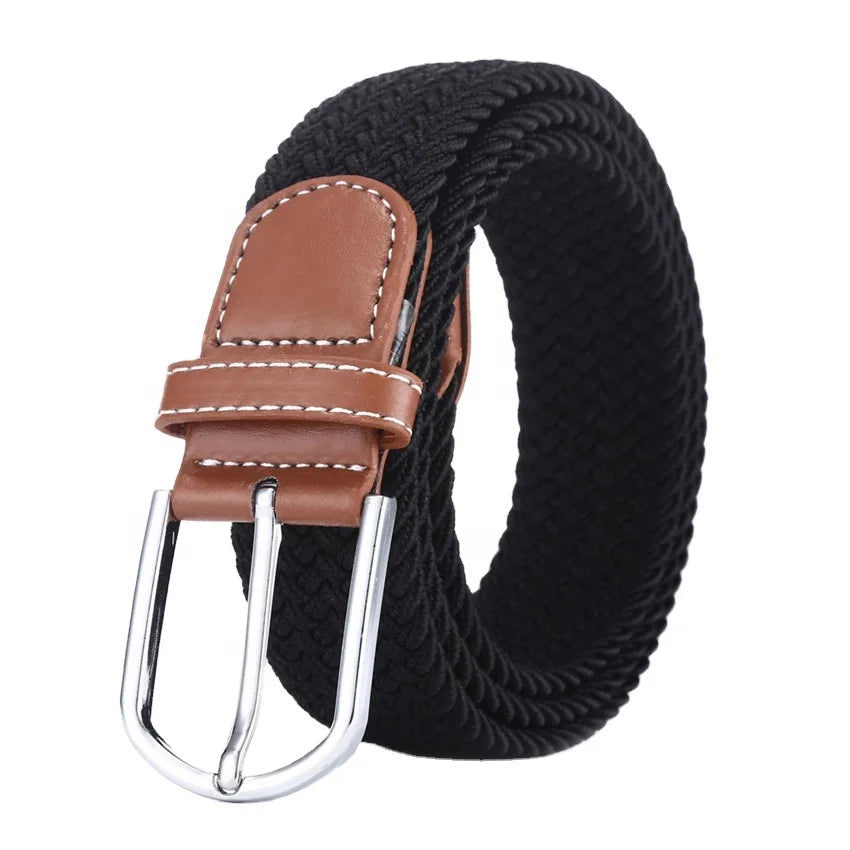 Men's Casual Elastic Belt 3517 Waist Stripe Braided Stretch Webbing Single Color Cotton Weave Alloy Buckle