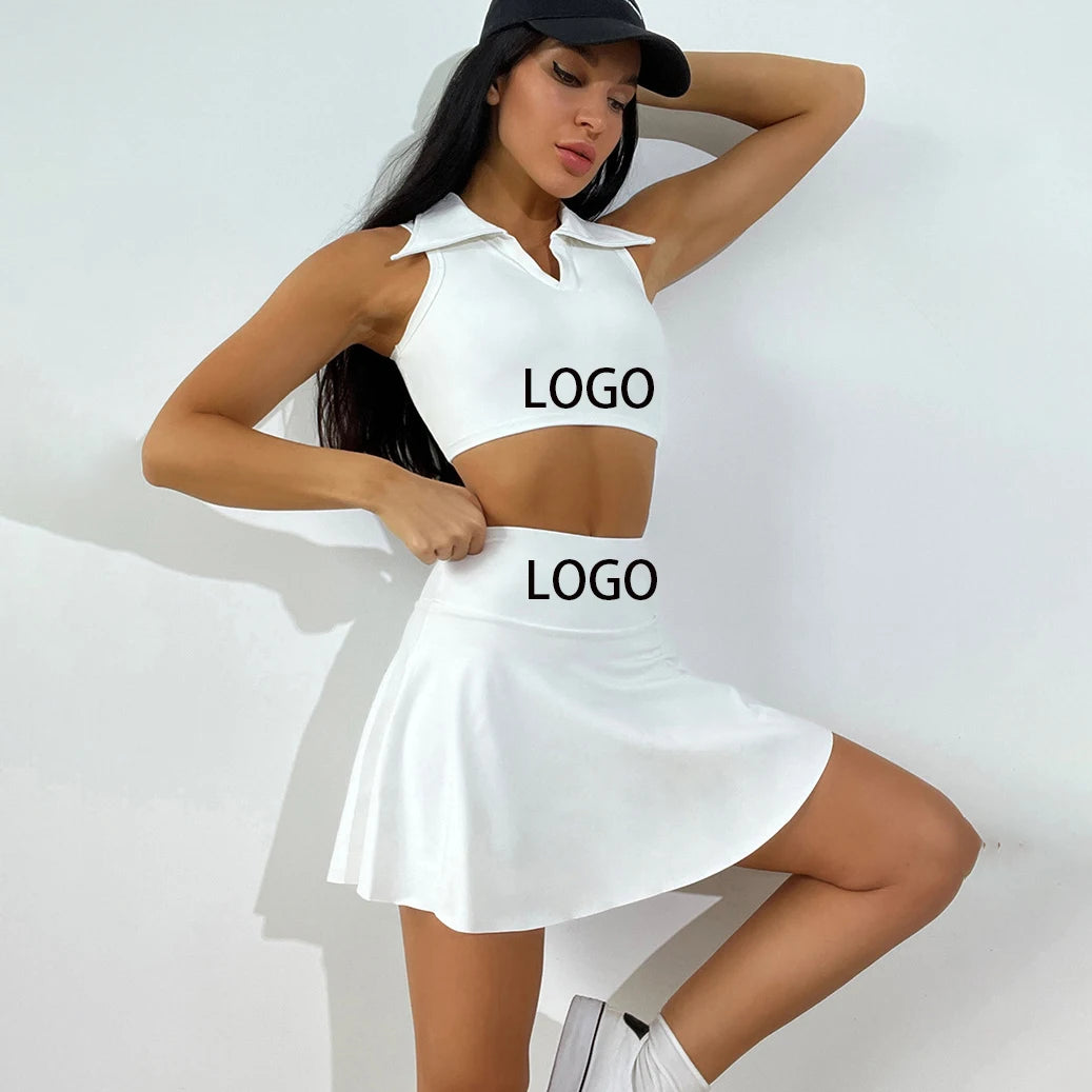 Wholesale New Arrival V Neck Polo Tops Golf Skirts 2 in 1 Dress Tennis Dress Sets Breathable Comfortable Tennis Skirt Two Piece