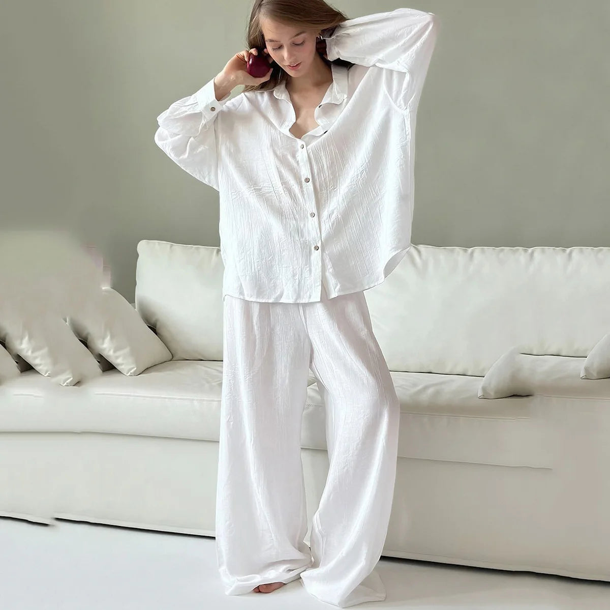 Enyami Sleepwear Nighty Bathrobe Solid Long Sleeve Trouser Pajama Modal Sleepwear Women Loose Loungewear 2 Pieces Set