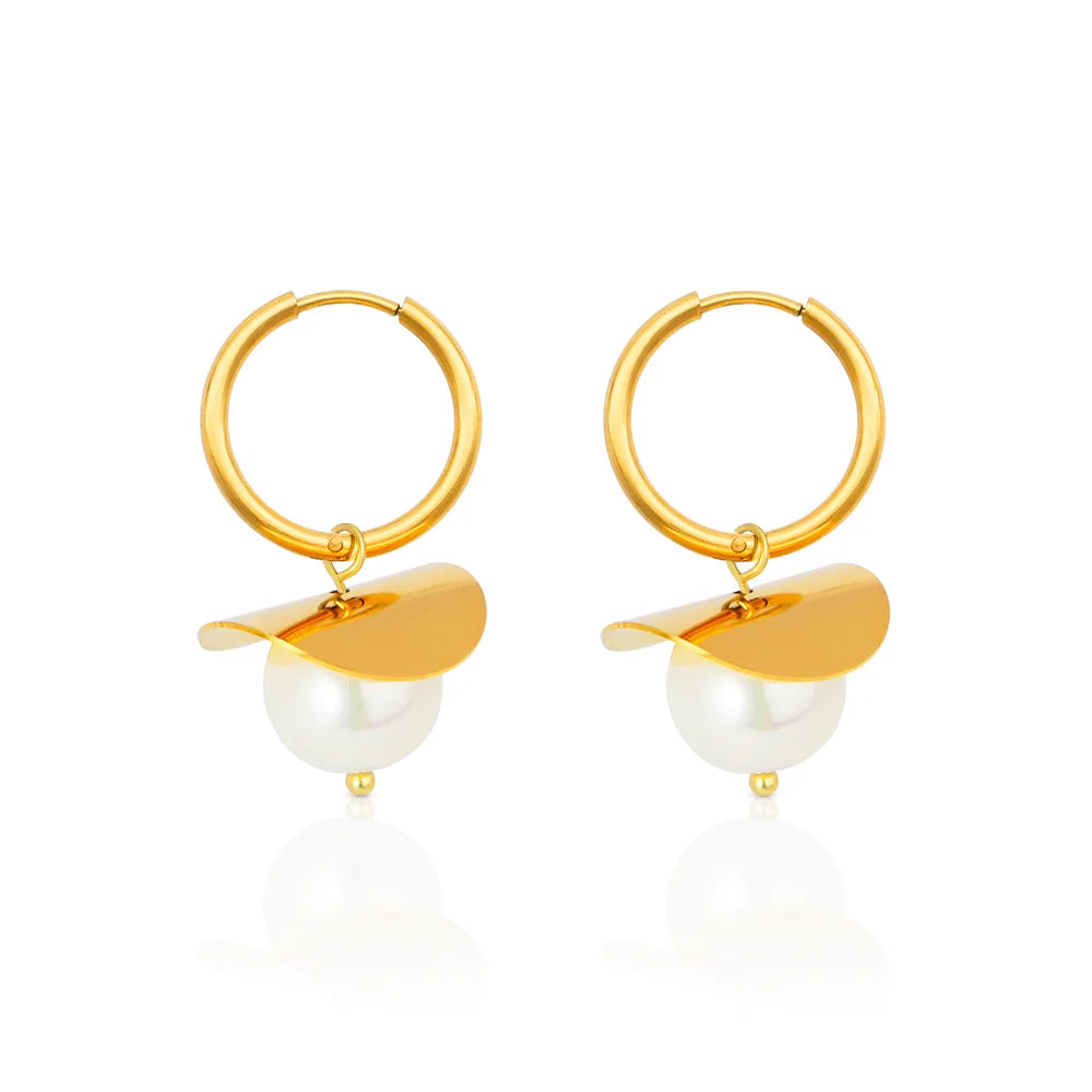 Chris April 316L Stainless Steel Man-made Pearls Lotus Leaf Shape Drop Hoop Earrings