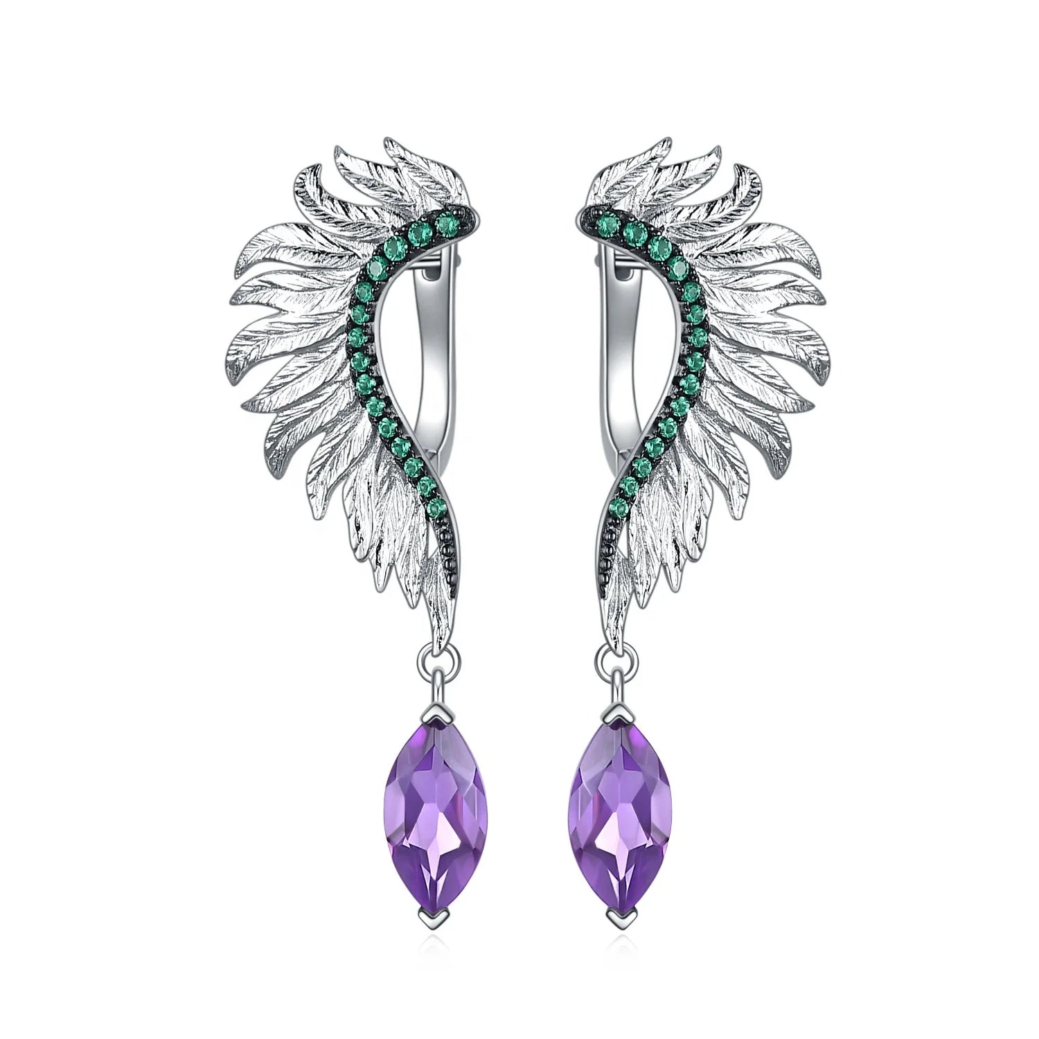 C8238 3 Years Plating Lasting Marquise Natural Amethyst Custom Rhodium Plated Sterling Silver Earrings