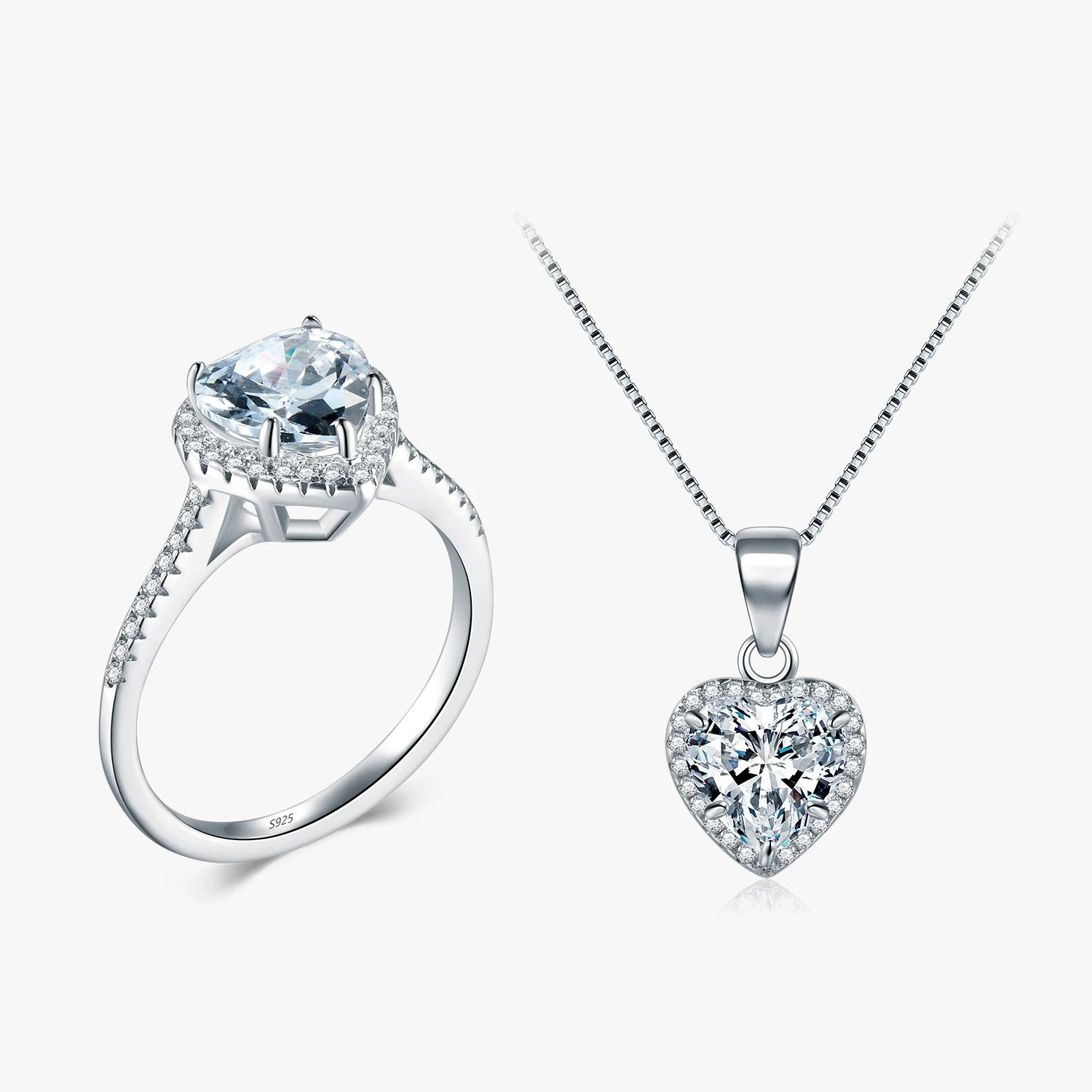 Fashion CZ Boxes Chain Pendant Necklace 925 Sterling Silver Heart Halo Rings for Women Wedding Engagement Fine Jewelry Sets