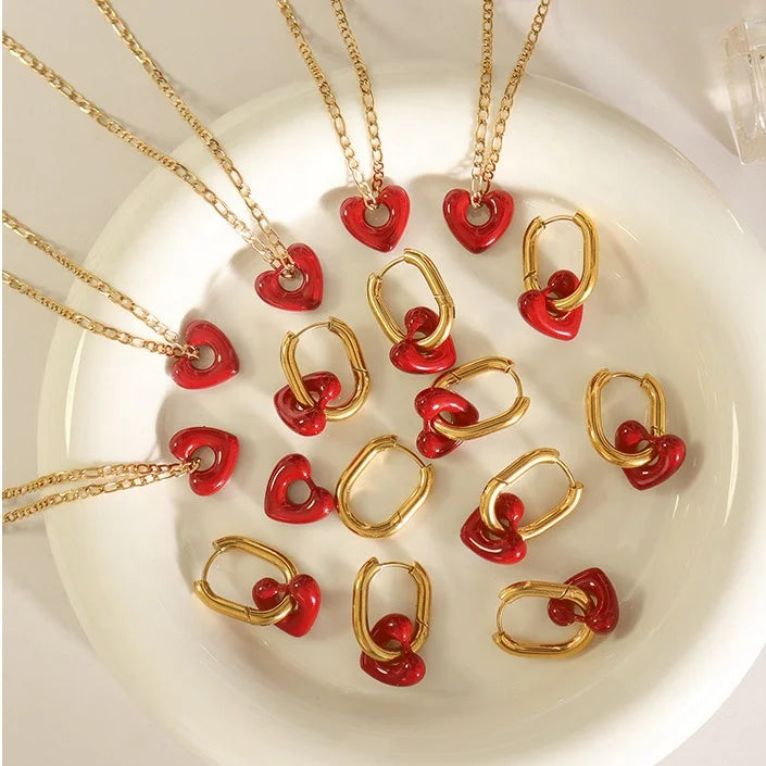 Stainless Steel 18K Gold Plated Red Heart Enamel Pendant Figaro Chain Necklace Geometric Huggies Earrings Non Tarnish Jewelry