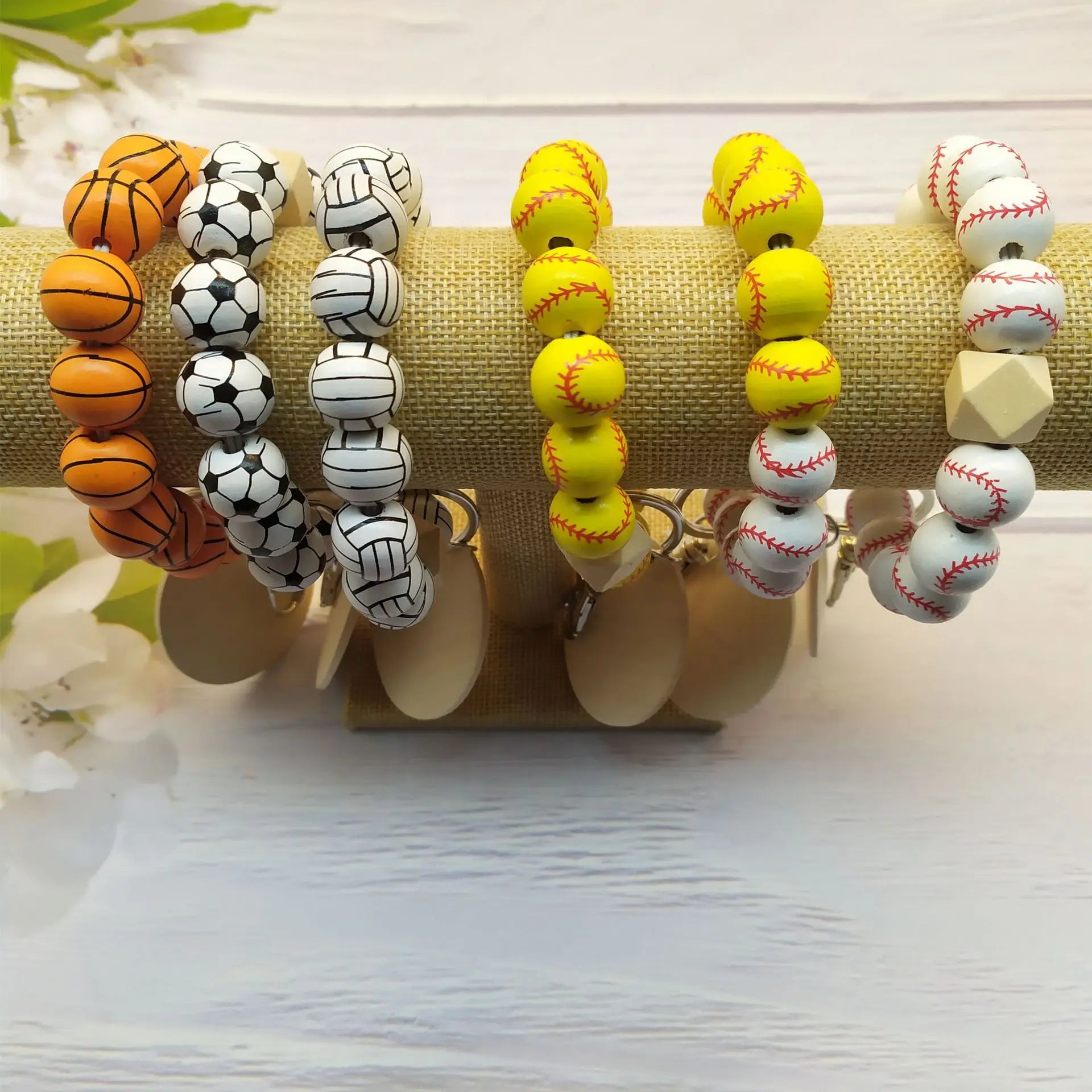 Tongxin New Football Basketball Baseball Softball  Wood Bead Printed Flower Bracelet Keychain