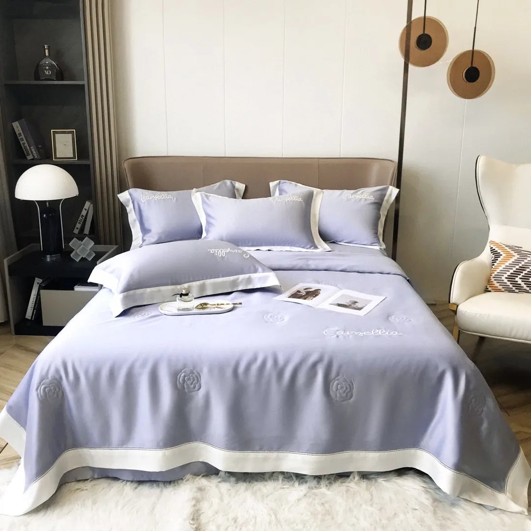 Quilted 100%lyocell Fiber Bed Sheets Soft Bedding Sets Luxury Purple Embroidery Quilt Sets Manufacturer