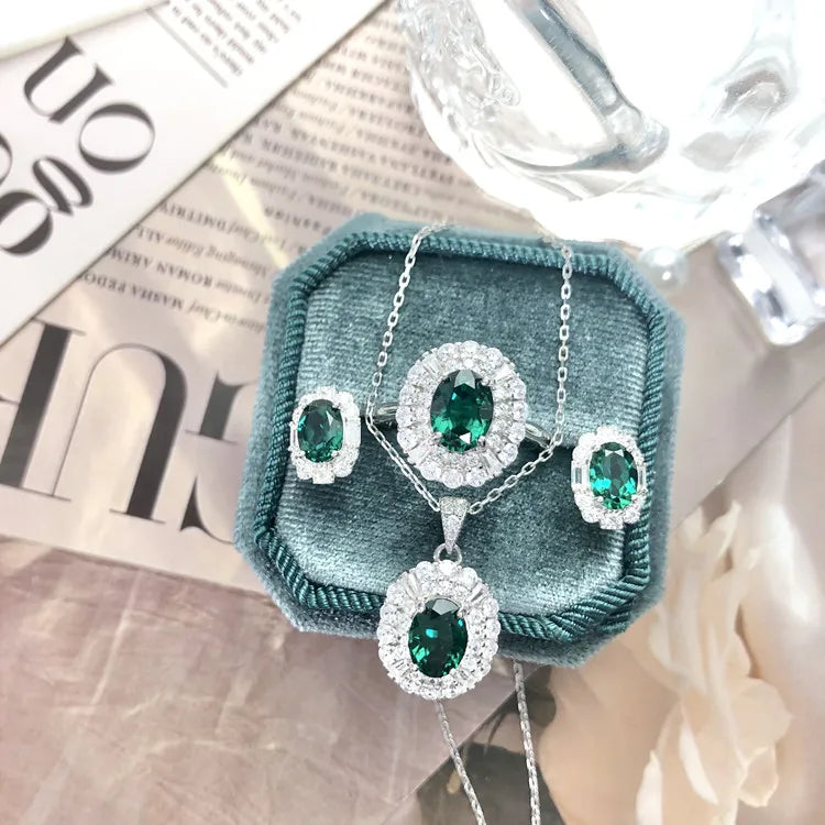 Roomy 925 Silver Fine Jewelry Set Lab Grown Emerald Jewelry Set Woman Emerald Earrings RIngs Necklace