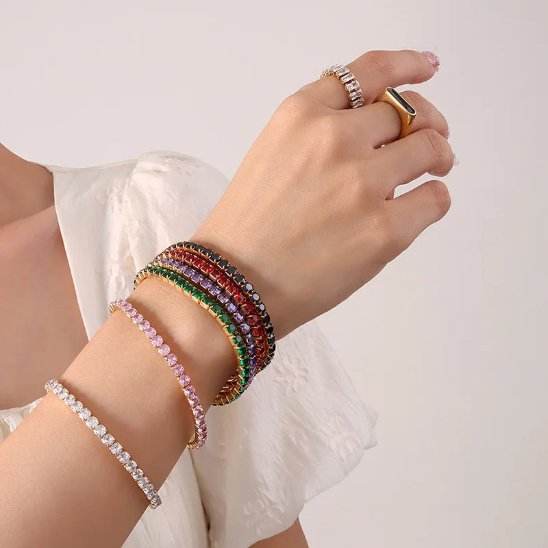 Luxury Full Cubic Zirconia Rectangle Colorful Stainless Steel Jewelry Bracelet Gift Charm for Women Tarnish Free