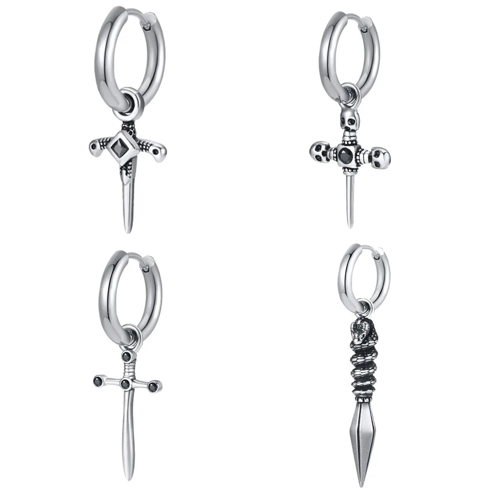Hip-hop Punk Style Cool Anti Silver Color Men Stainless Steel Black Agate Skull Cross Pendant Earrings