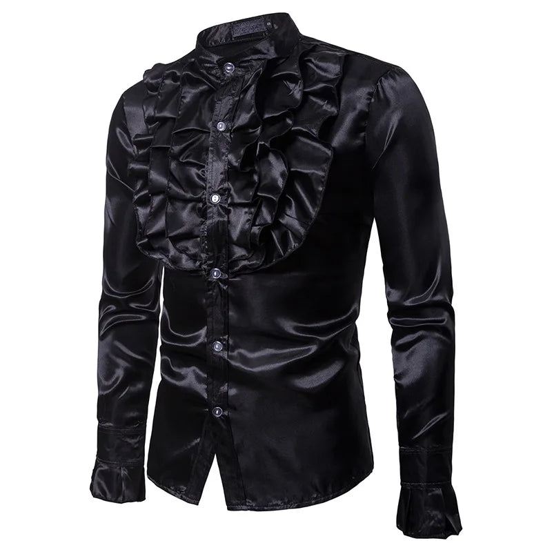 RNSHANGER Vintage Frill Ruffle Dress Shirt for Men Gothic Punk Retro Long Sleeve Stand Collar Shirts Stage Performance Shirts