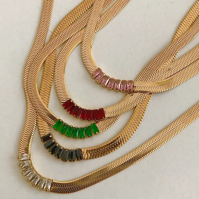 Fashion Tarnish Free Jewelry 18K Gold Plated Stainless Steel Flat Snake Chain Multilayer Cz Zircon Choker Necklace YF3453