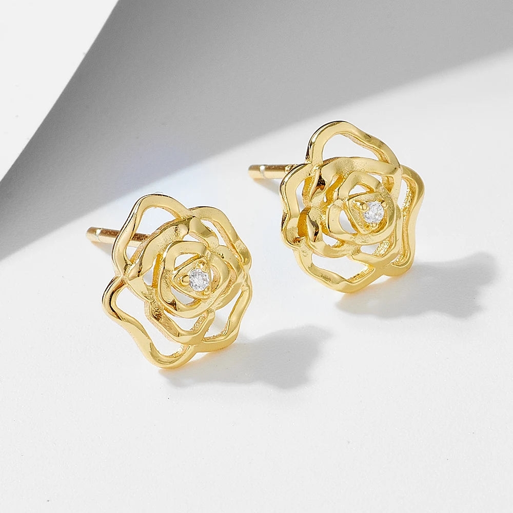 Fine Jewelry 925 Sterling Silver Gold Plated Cubic Zircon Hollow Rose Flower Stud Earrings for Women