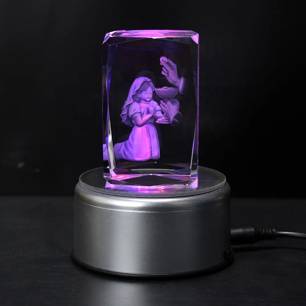 Colorful Crystal Engraving 3D Photo Cube Holy Communion Souvenirs Gifts With Led Light Base
