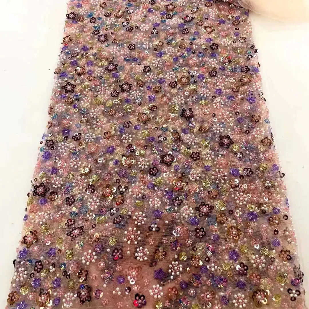 Dubai Gold African Sequins Beads Lace Fabric