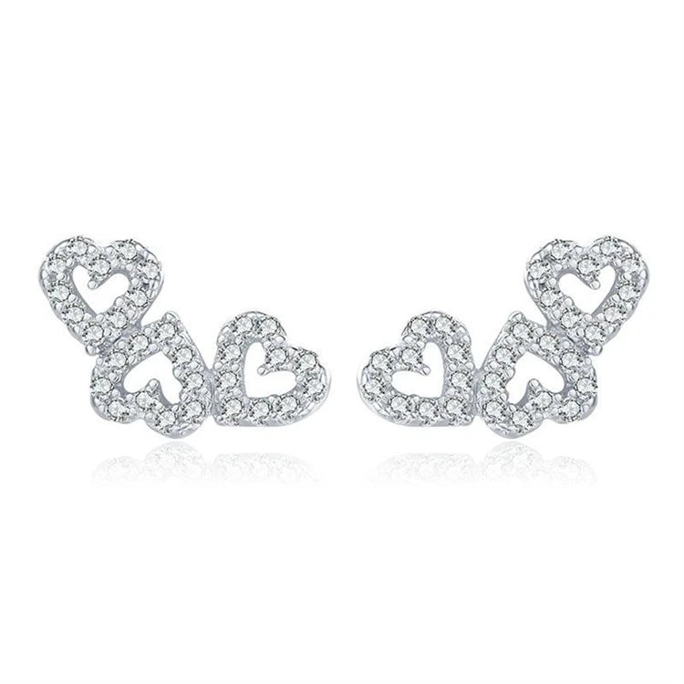 Fashion 925 Sterling Silver Women Simple Full CZ Diamond Heart-shaped Stud Earrings