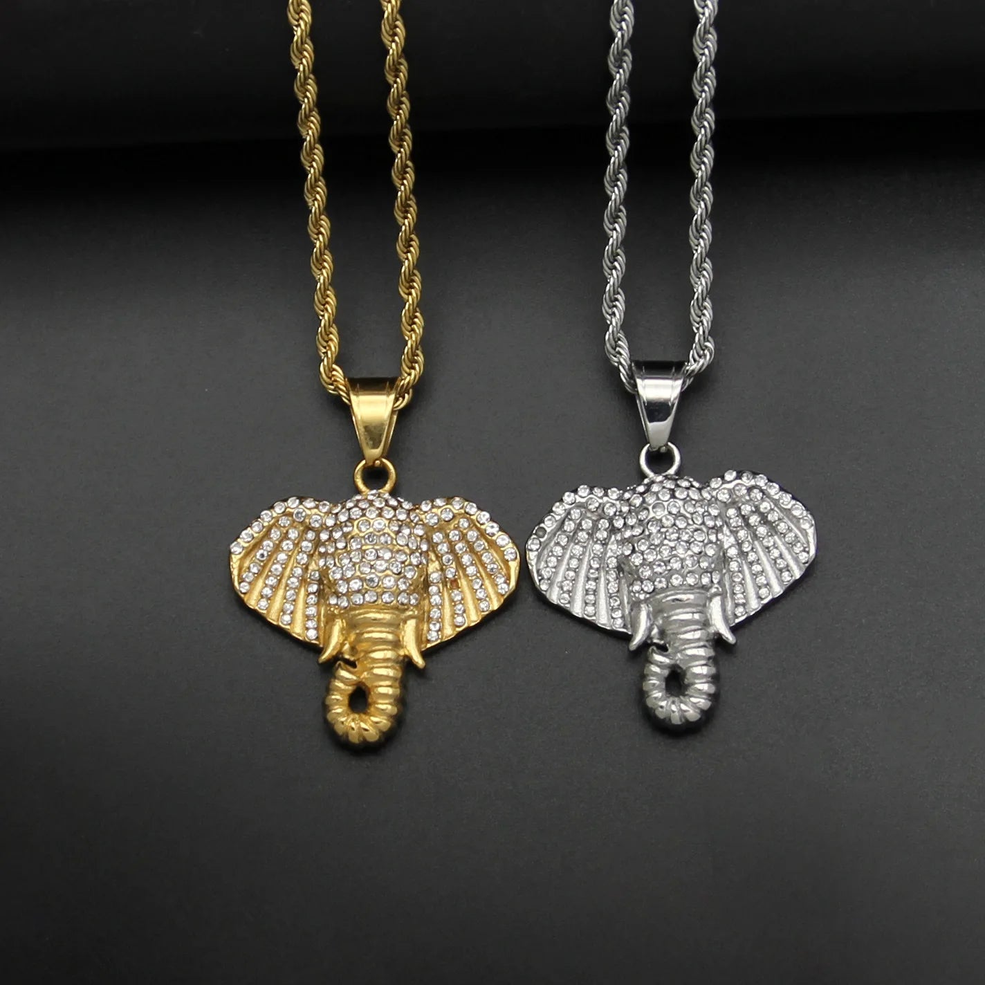 Hiphop Stainless Steel Crystal Elephant Pendant Men Necklace