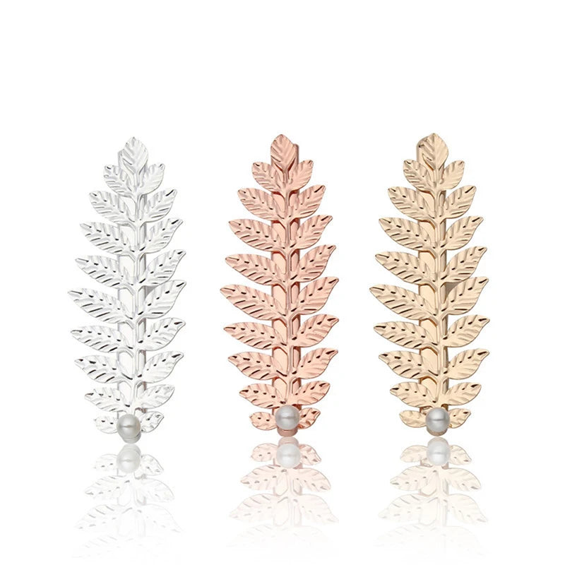 2.5cm*6.5cm Golden Silver Pearl Leaves Hair Clips Bridal Hair Pins Hair Sliders Metal Leaf Alligator Clips for Women Girls