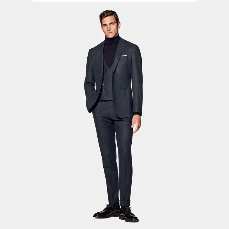 Business Gentleman Navy Blue Men's Suit Wool Cashmere Blended Canine Plaid Men's Slim Suit Set of Three