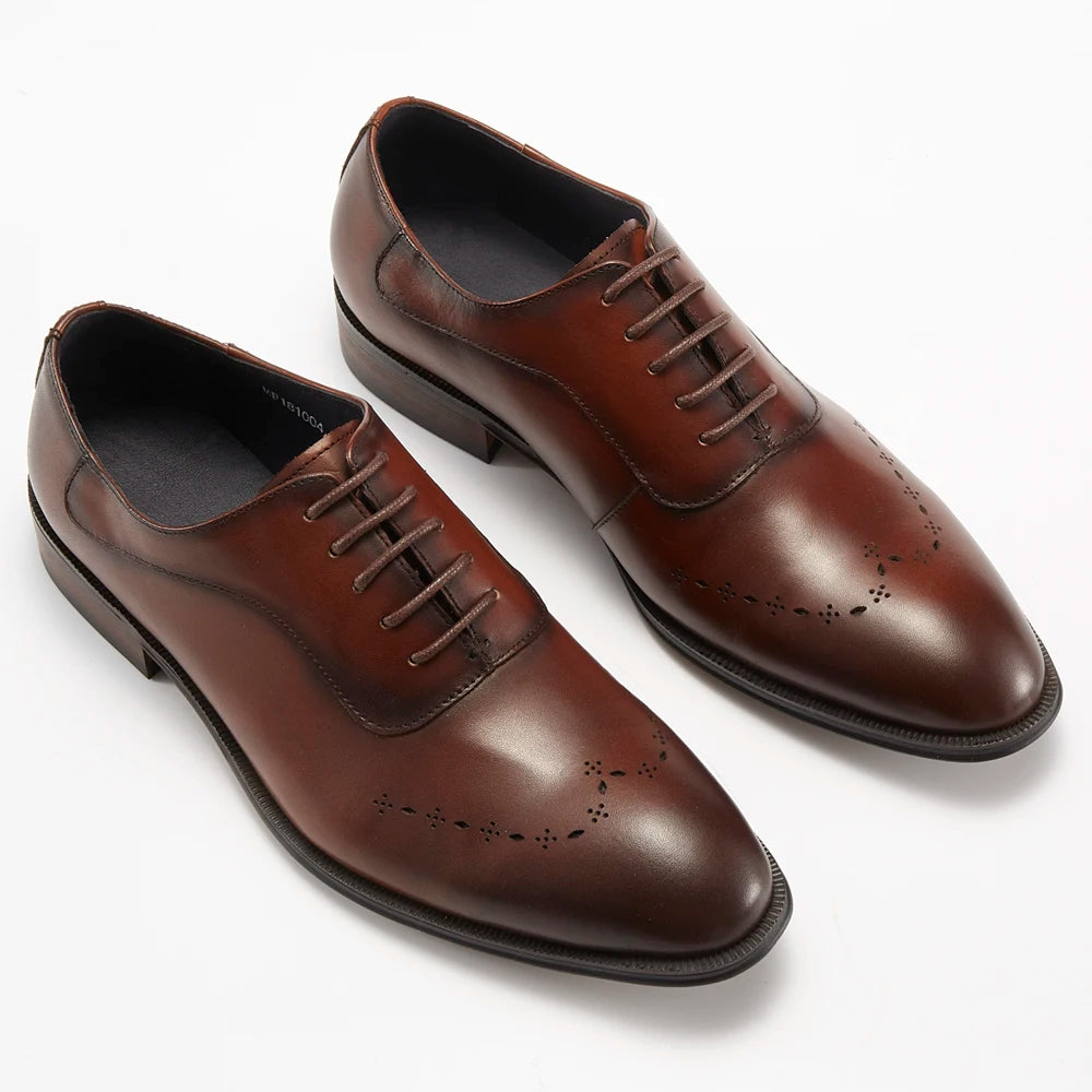 Genuine Leather Men's Dress Shoes Formal Business Work Flats with Light Feature Oxford Outsole for Wedding and Party