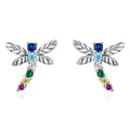 New Trendy 925 Sterling Silver Classic Style Stud Earrings with Colorful Zircon Dragonfly for Engagement Wedding Party Gift