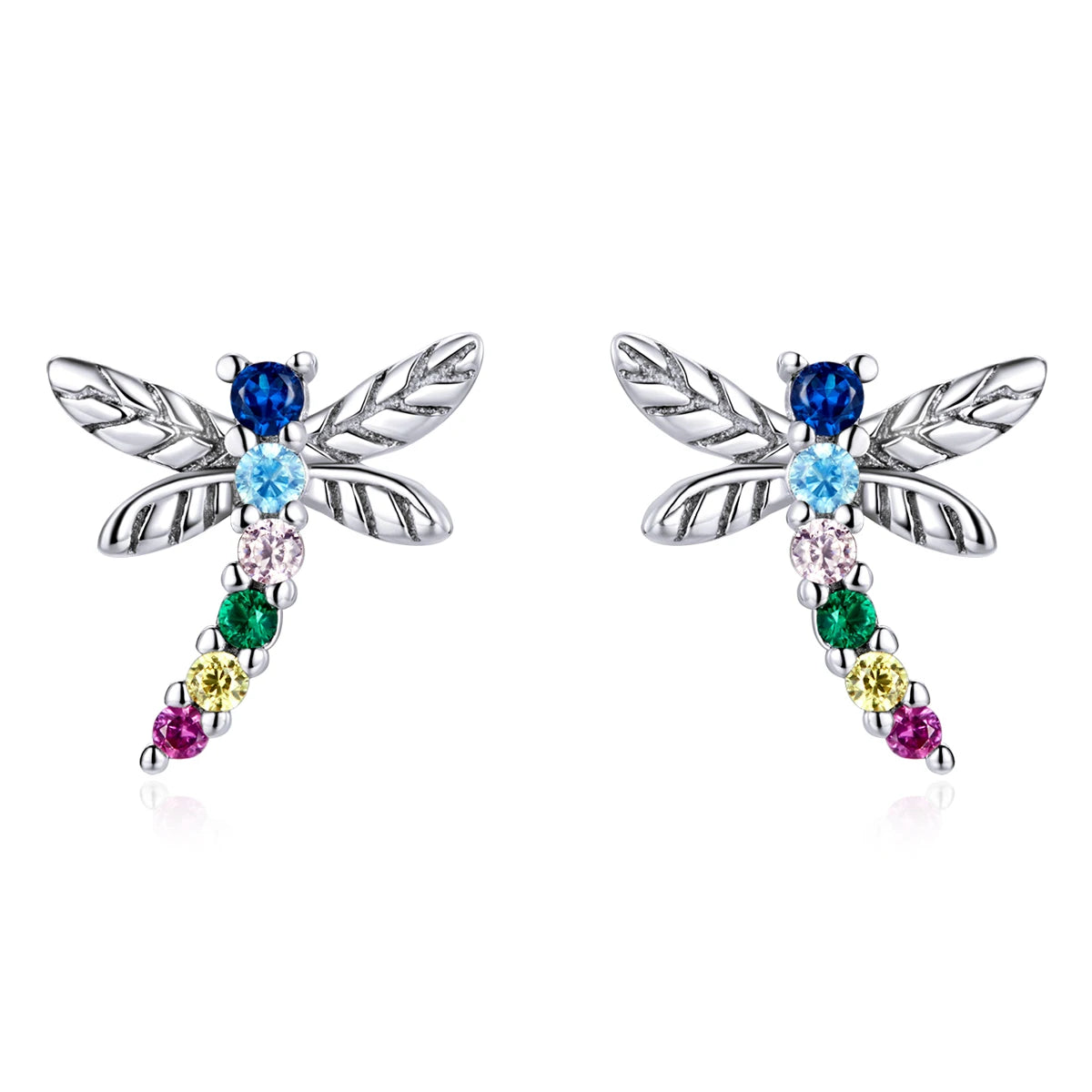 New Trendy 925 Sterling Silver Classic Style Stud Earrings with Colorful Zircon Dragonfly for Engagement Wedding Party Gift