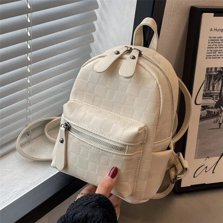 2025 Trending Vintage Waterproof PU Leather Internal Frame Small Backpack Ladies Dress Style Preppy College Geometric Pattern