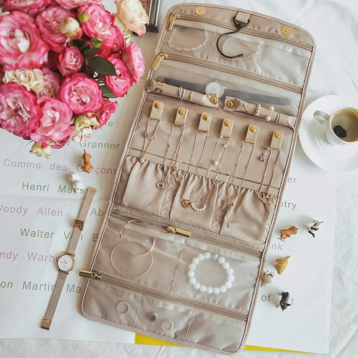 Travel Foldable Jewelry Organizer Case with Hanger for Rings Necklaces Bracelets Earrings Zipper Closure Stylish for Ladies