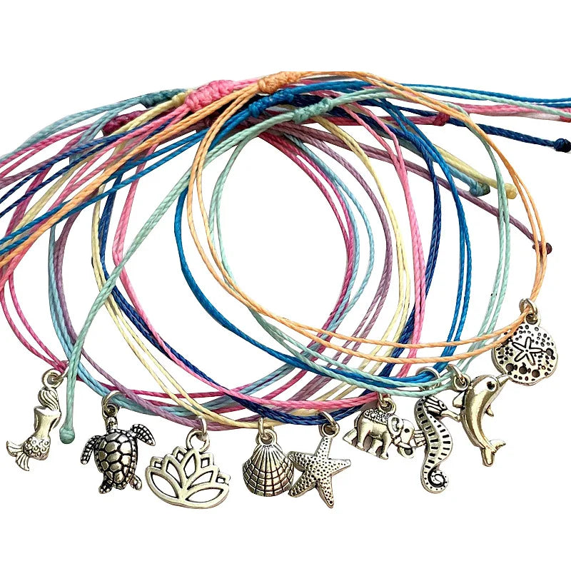 New Marine Animal Turtle Elephant Shape Anklet Handmade Weave Rope Boho Sea Star Dolphin Charm Anklet
