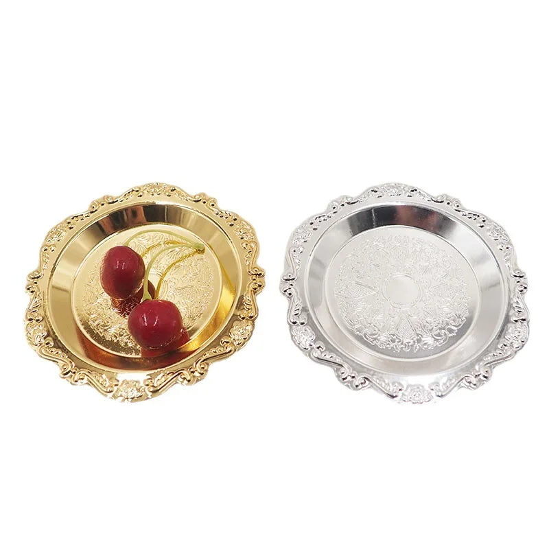 European Vintage Art Deco Jewelry Tray Gold Disc Carved Plate for Cake Dessert & Food Photography Birthday Occasions Photo Props