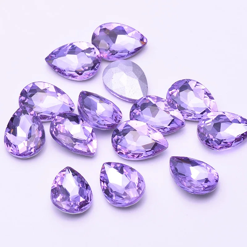 8*13mm Light Purple Glass Teardrop Crystal Applique Pointback Diamond Strass Non Sewing Rhinestone for DIY Crafts