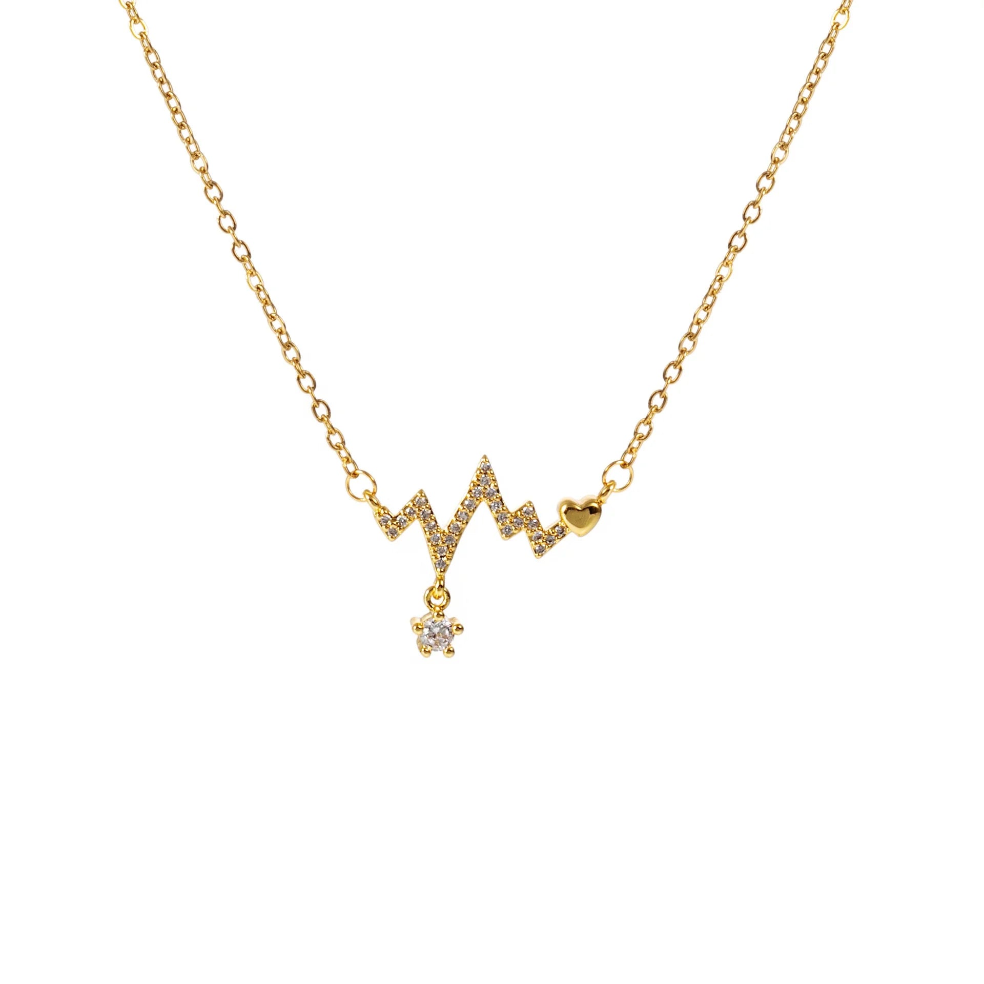 Unique Design Simple Geometric Fashion Jewelry Stainless Steel 18K Gold Heartbeat Shape Zircon Pendant Women Luxury Necklace