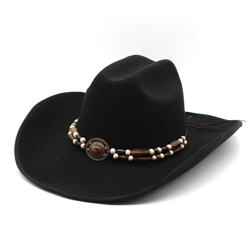 9.5cm Large Brim Tibetan Style Western Cowboy Hat With Vintage Wood Beads Decoration