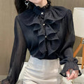 Fashion Korean Black Blouse Women Blusas Stand Neck Chiffon Shirts Long Sleeve Ruffles Lace Blouses Vintage Elegant Femme 6186#
