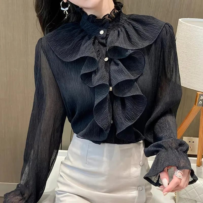 Fashion Korean Black Blouse Women Blusas Stand Neck Chiffon Shirts Long Sleeve Ruffles Lace Blouses Vintage Elegant Femme 6186#