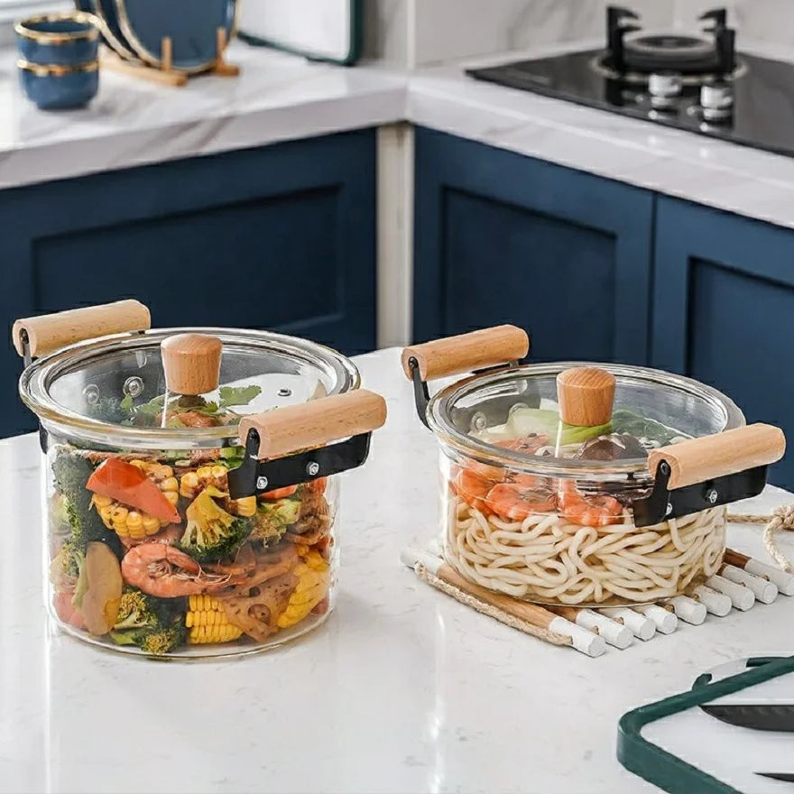 Classic Hot Selling Wooden Stew Pot Casserole Transparent Glass Double Ears High Borosilicate Glass Eco-Friendly Gas Steamer